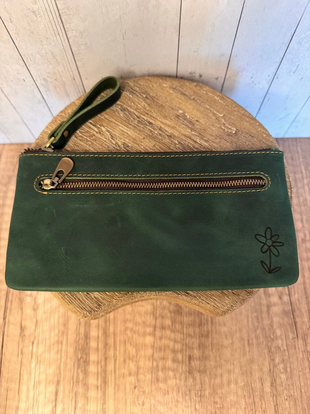 Genuine Leather Forest Green Makeup Bag Artist Pouch Leather Wristlet Bag NEW!